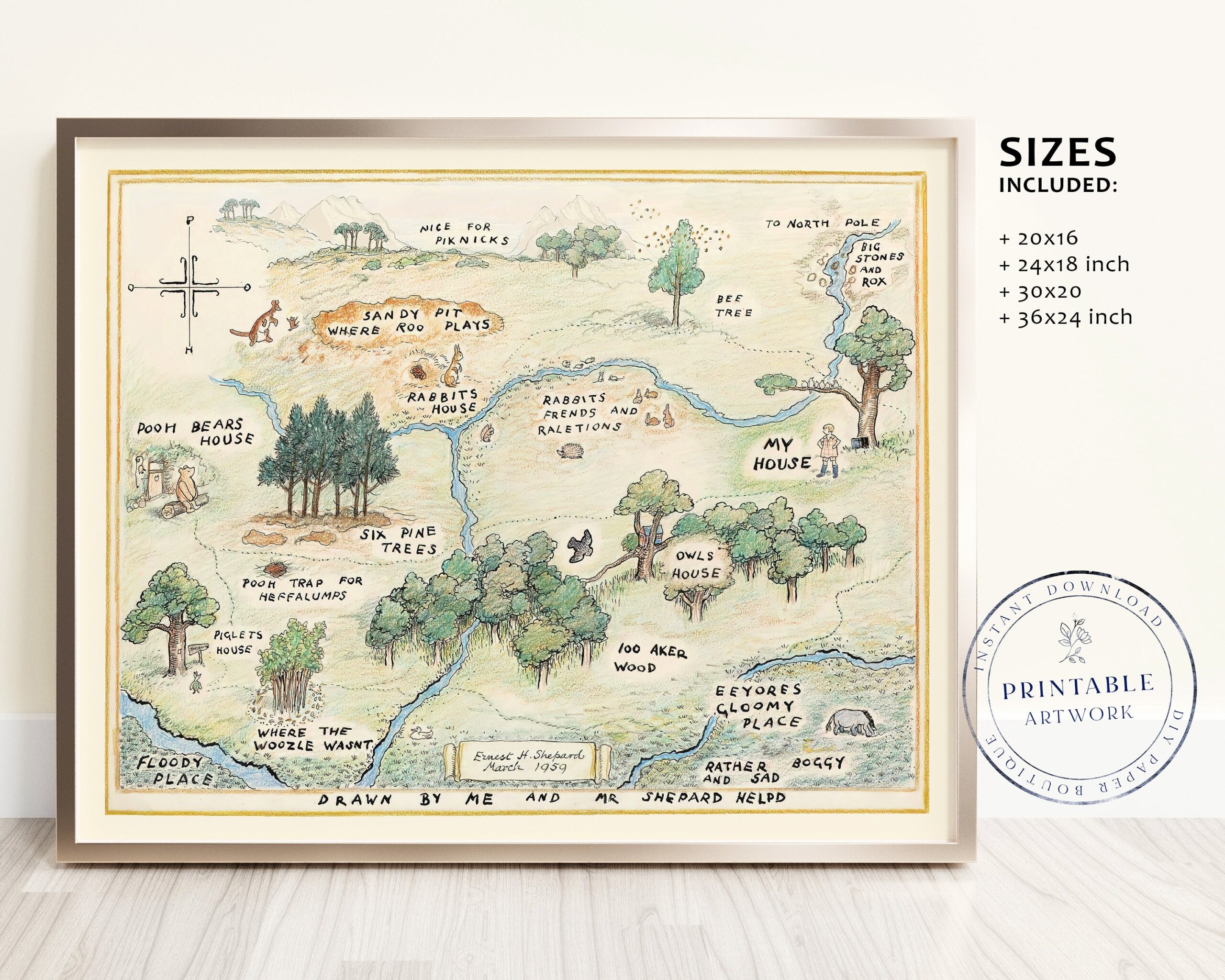 100 Acre Wood Map Printable Winnie the pooh Classic Map Baby Shower Birthday Party Centerpiece Nursery Decoration Owl Rabbit Piglet Etsy Australia