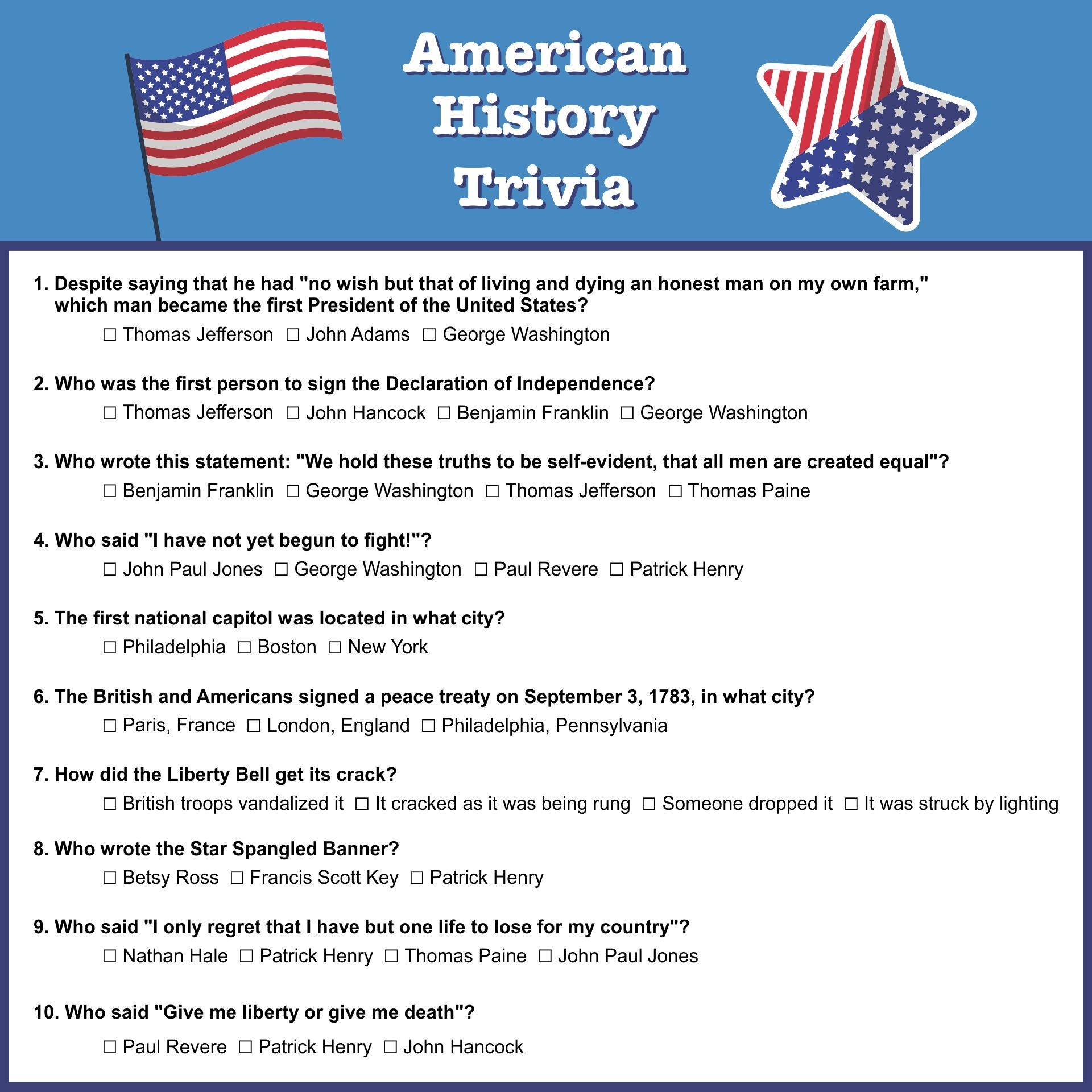 United States Trivia Questions And Answers Printable