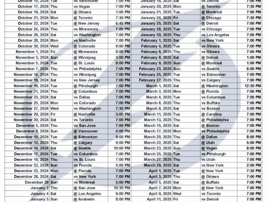 2024 25 Tampa Bay Lightning Schedule Printable PDF Format Sports Brackets