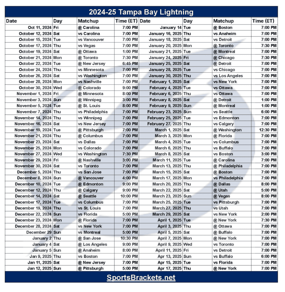 2024 25 Tampa Bay Lightning Schedule Printable PDF Format Sports Brackets