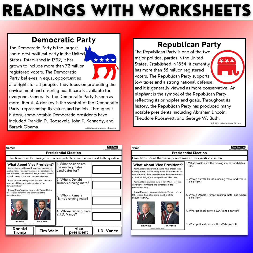 2024 Presidential Election Harris Trump Reading Vocab Worksheets Classful