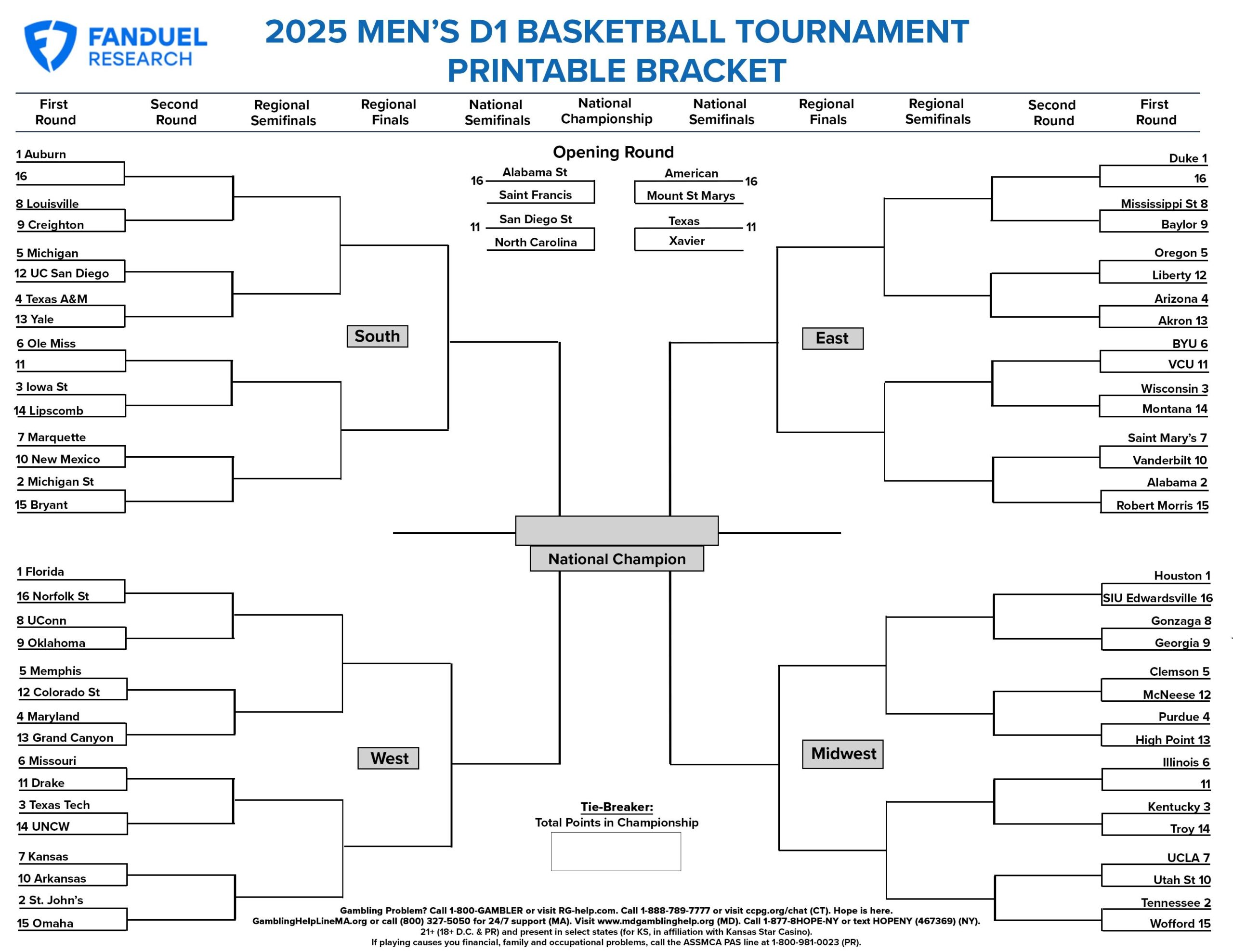 2025 Men s College Basketball Tournament Free Printable Bracket FanDuel Research
