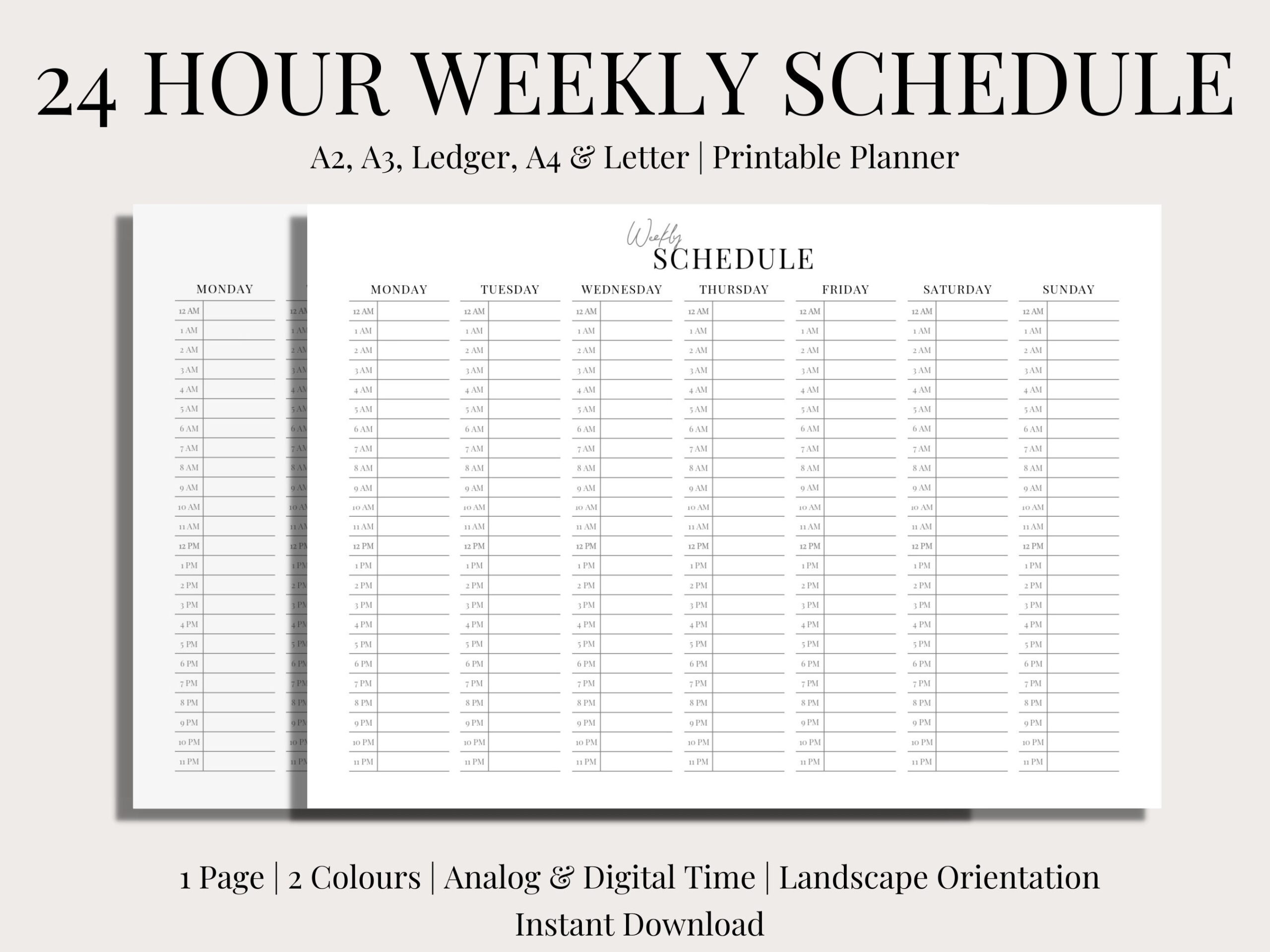 24 Hour Weekly Schedule Landscape Printable 2 Versions Hourly Planner Analog Time Digital Time Template Digital PDF Undated Etsy UK