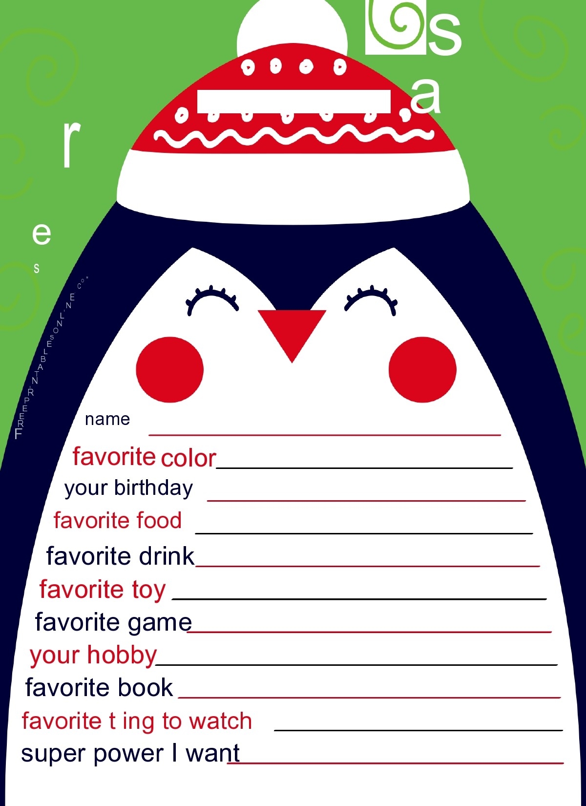 Free Printable Secret Santa Questionnaire