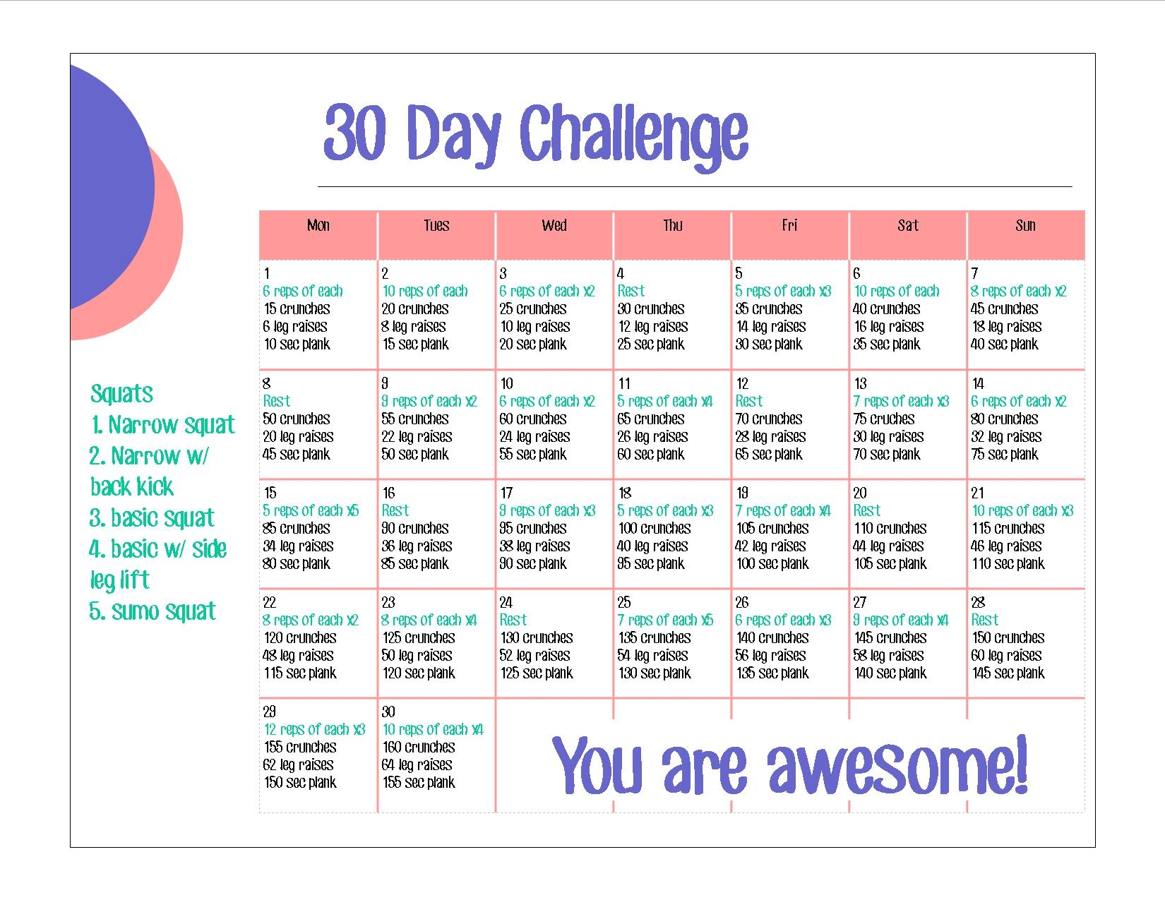 30 Day Challenge Abs Squats Cypress And Wool