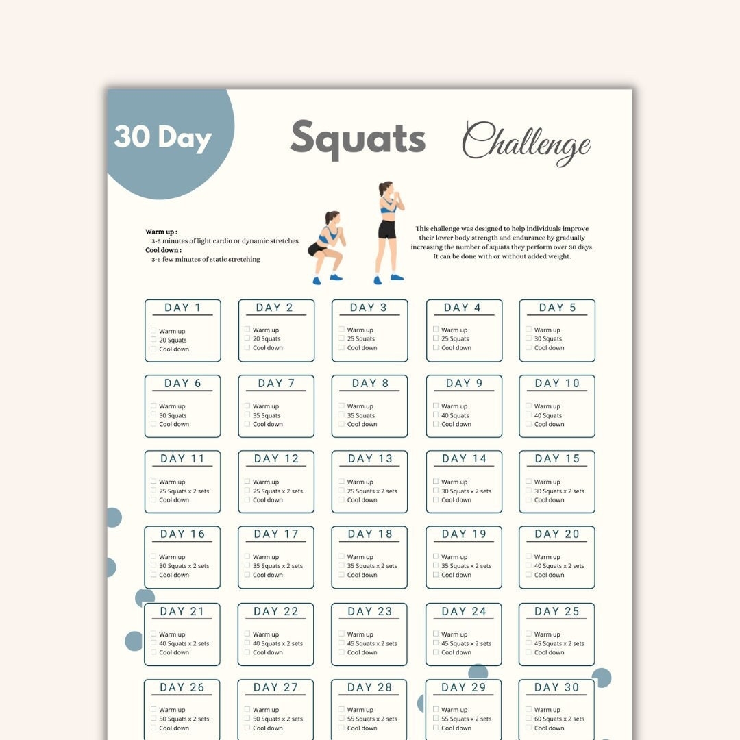 30 Day Squats Challenge Printable Fitness Planner Strengthen Lower Body Instant Download Etsy