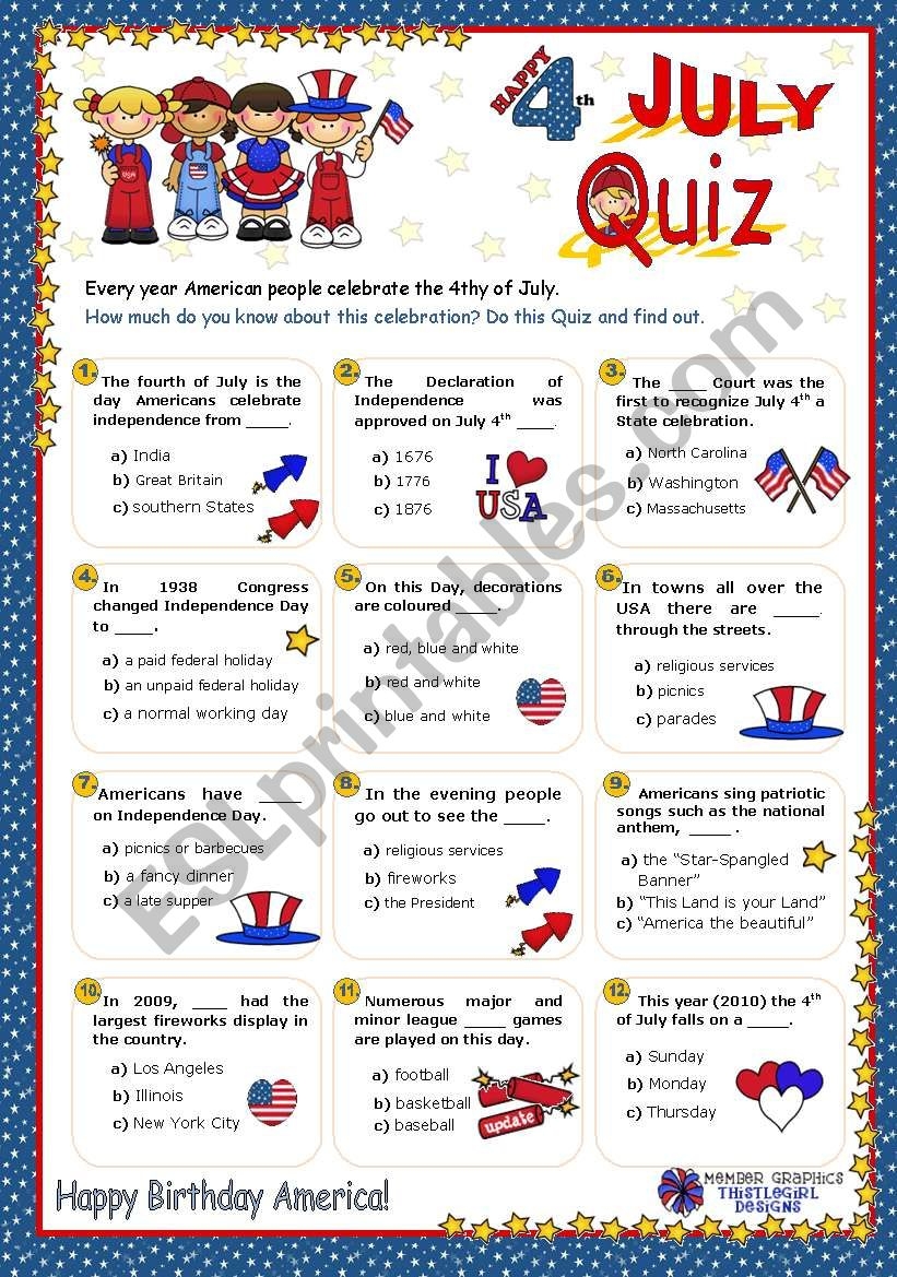 4th JULY QUIZ ESL Worksheet By Mena22