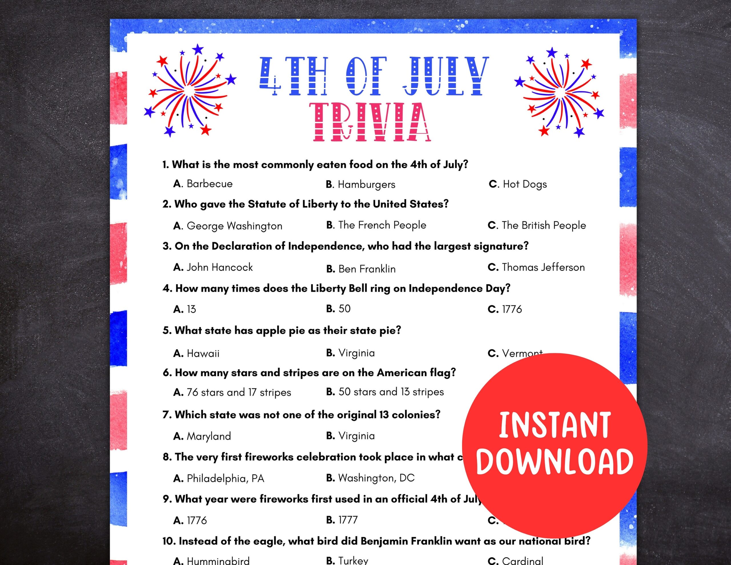 Fourth Of July Quizzes Printable