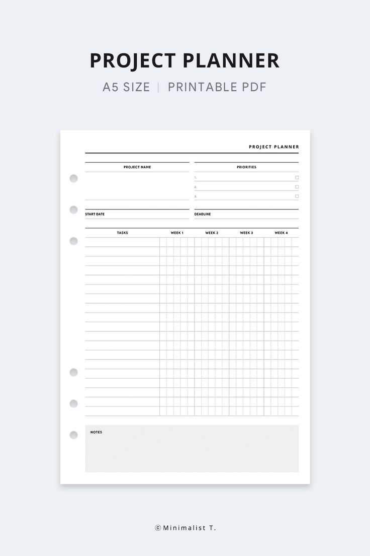 A5 Project Planner Printable Work Productivity Plan Project Schedule Management Template Page
