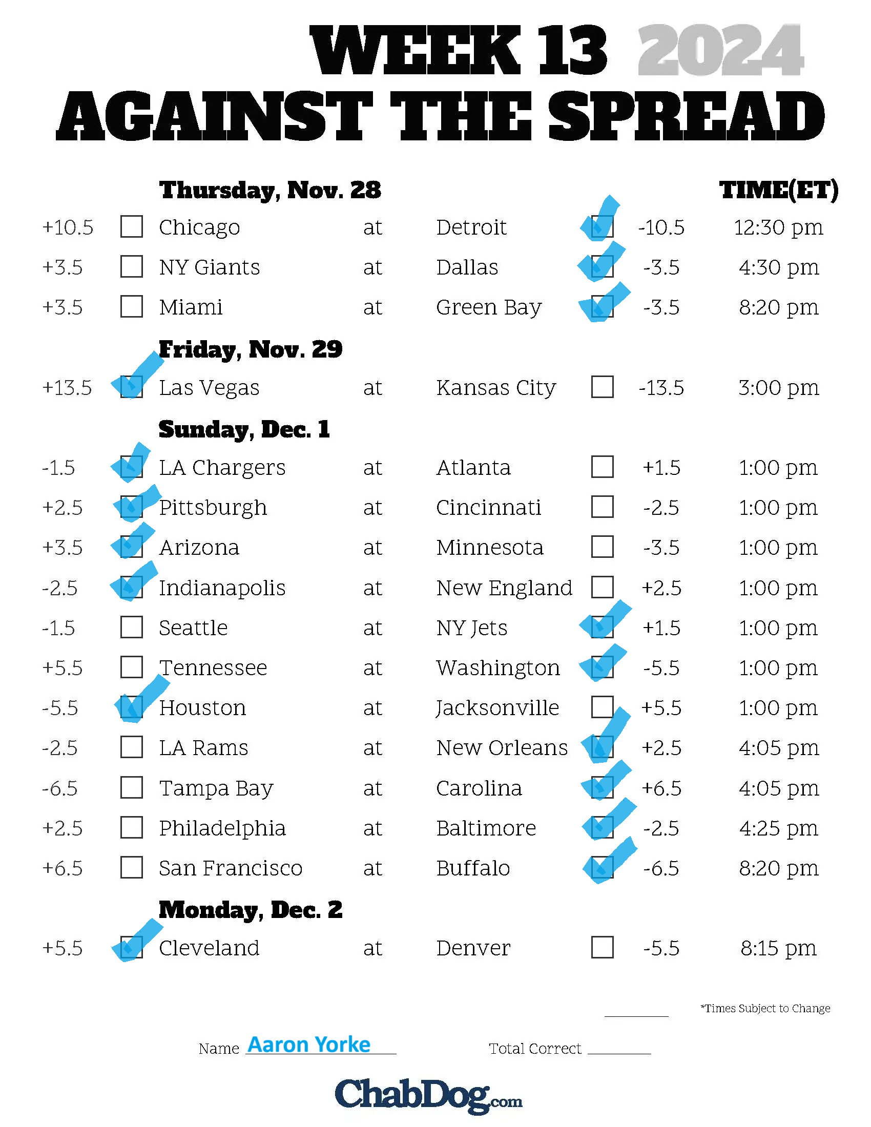 Aaron s Week 13 NFL Picks ChabDog Sports Talk 