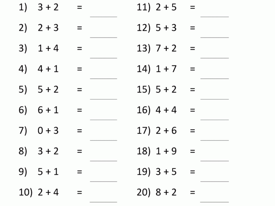 Addition Facts To 20 Worksheets