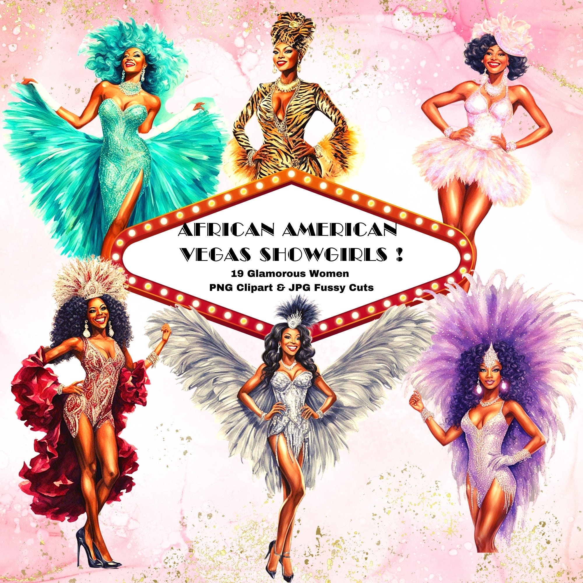 African American Showgirls Las Vegas Black Women Clipart PNG JPG Printable Fussy Cuts Journal Scrapbook Digital Download Etsy
