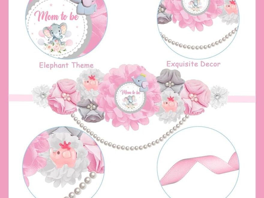 Amazon JOYMEMO Pink And Gray Elephant Baby Shower Maternity Sash Kit Flower Baby Shower Belly Belt And Mom To Be Dad To Be Corsage Pins Pregnancy Sash Parents Baby Girl