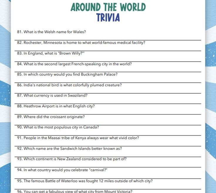 Around The World Trivia For Seniors Elderly Adults Students Family Party Trivia