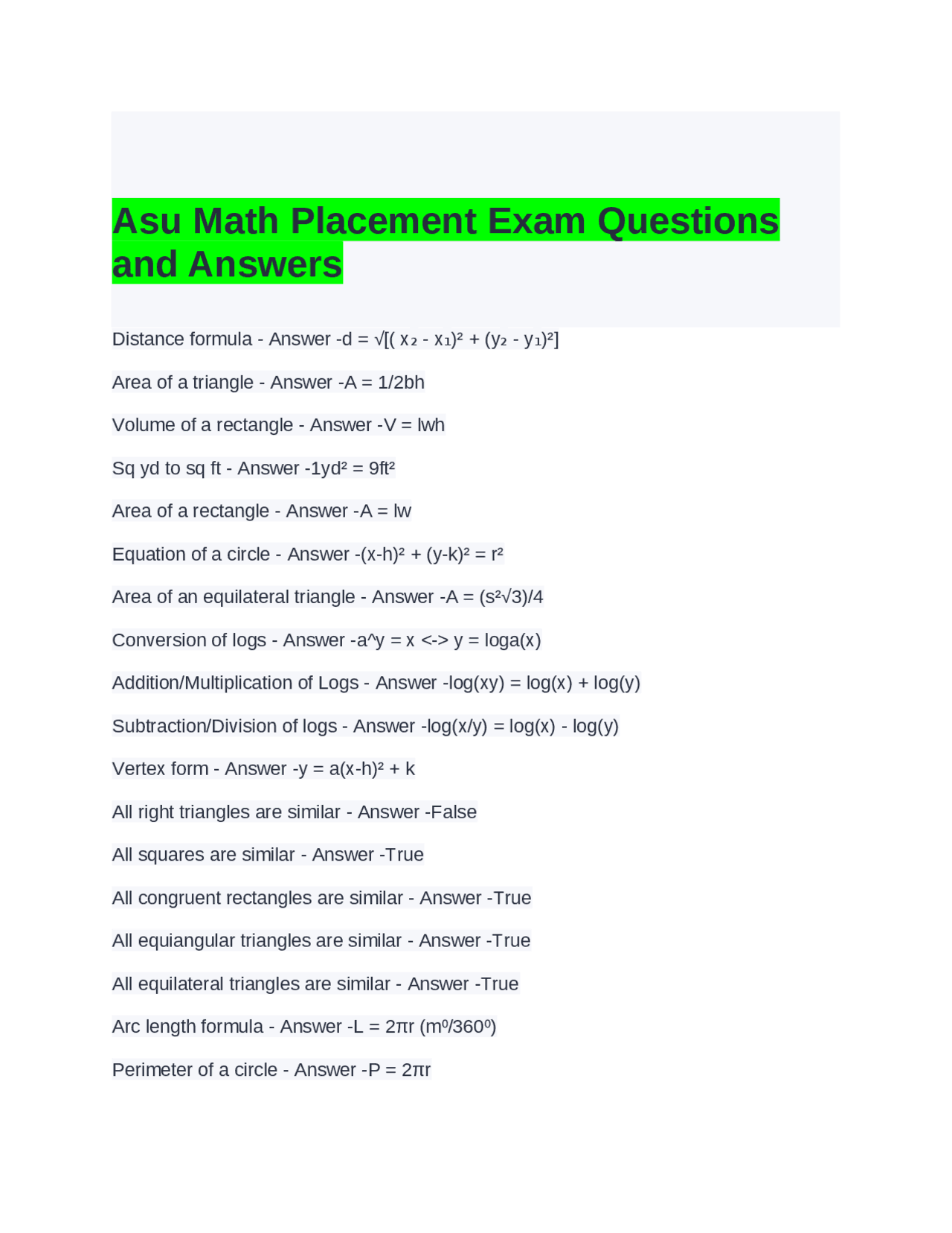 ASU Math Placement Exam Formulas And Concepts Exams Mathematics Docsity
