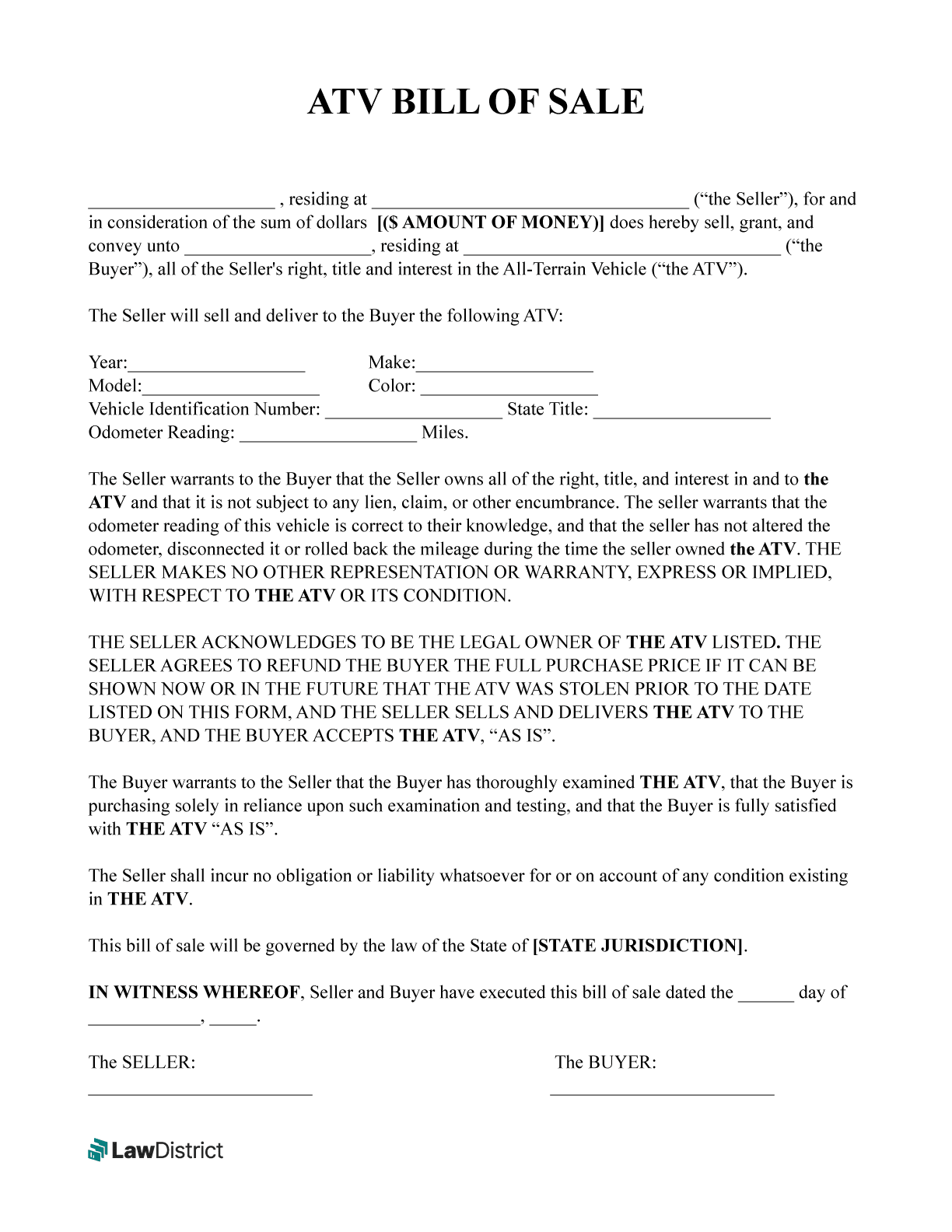 Printable Atv Bill Of Sale