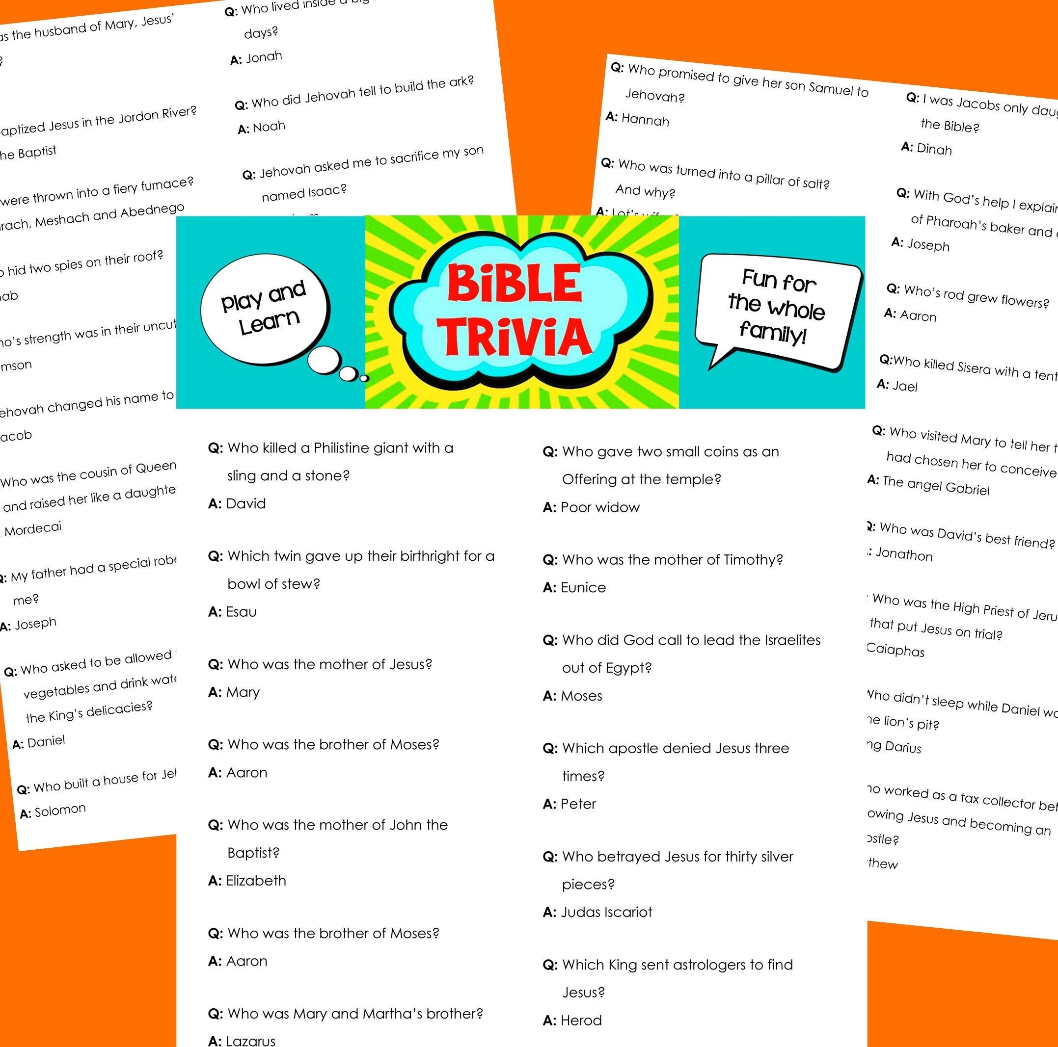Bible Trivia Printable Game 340 Bible Questions For Kids Teens And Adults Christian Family Worship Homeschool And Youth Group Activity Etsy