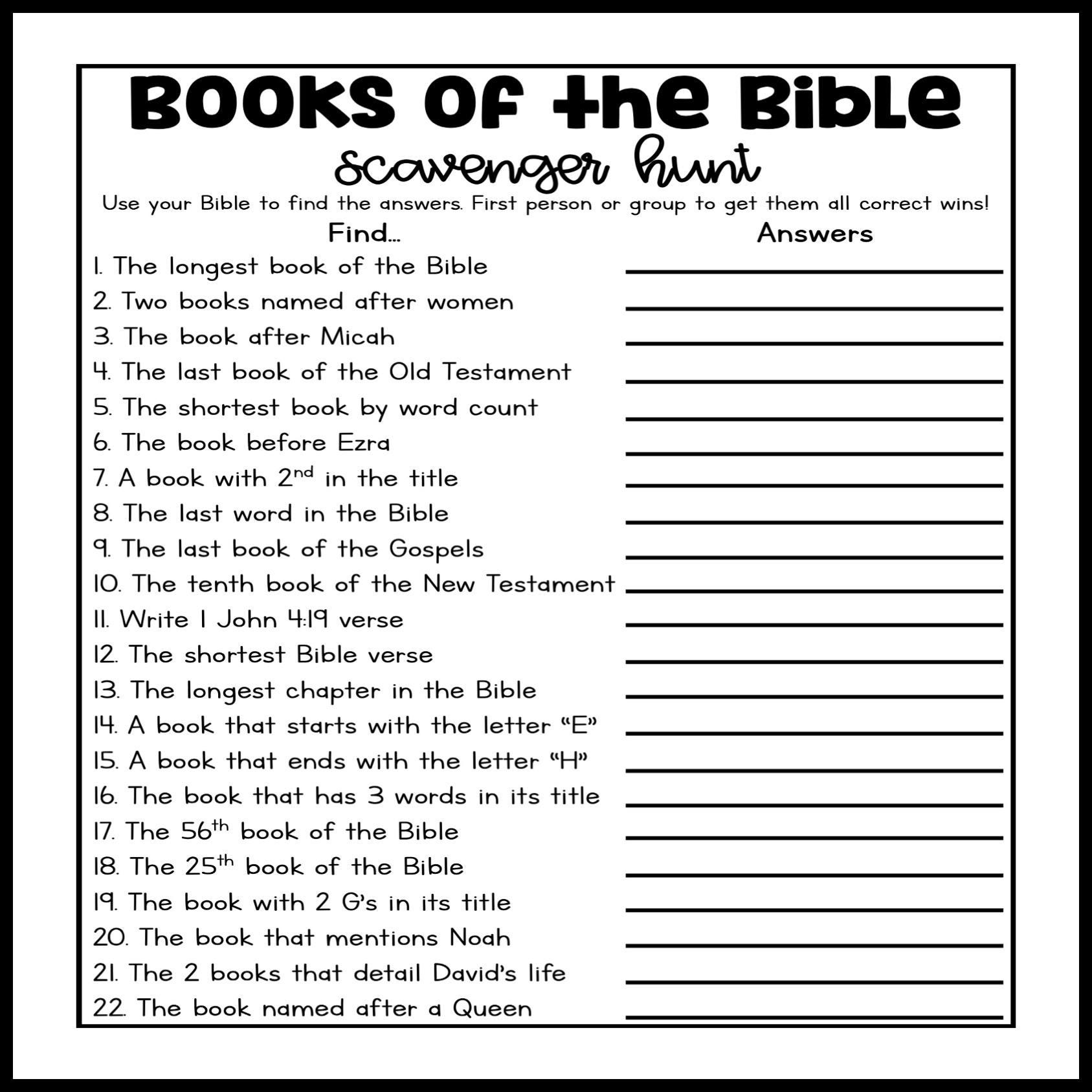 Books Of The Bible Scavenger Hunt Game Printable Church Game Women s Group Game Sunday School Game Activity Bible Game Youth Group Game Etsy