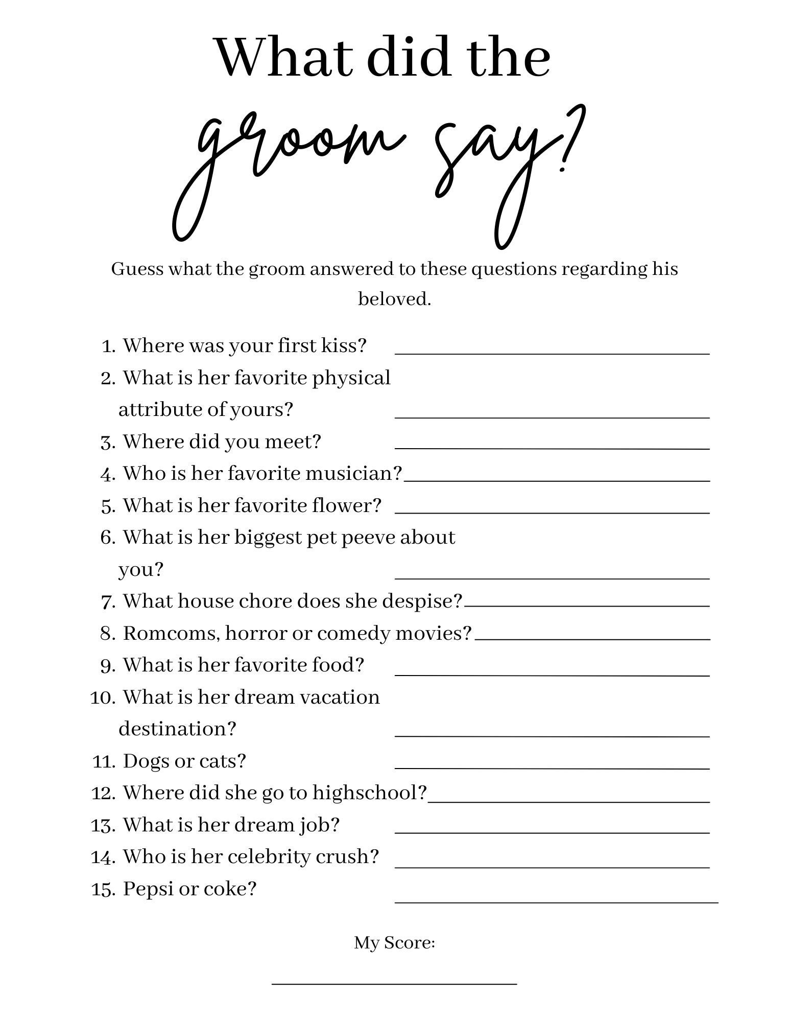 Bridal Shower Games Minimalist Wedding Shower Game Printable Bridal Shower Games Bride Or Groom Game What Did The Groom Say Game Etsy UK