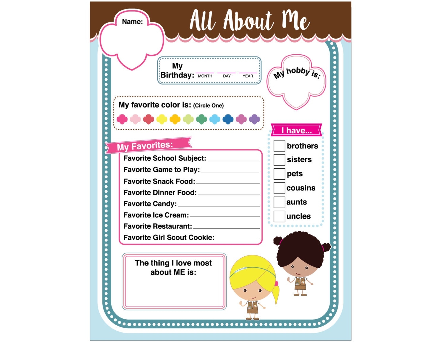 Brownie Girl Scout Activity All About Me Printable Instant Download Etsy