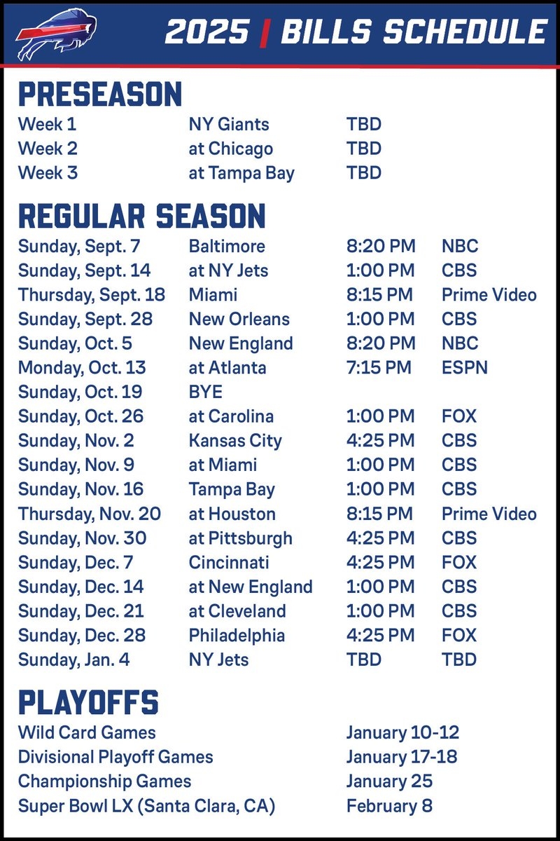 Buffalo Bills PR On X The 2025 Bills Schedule Https t co dJtk5AeABU X