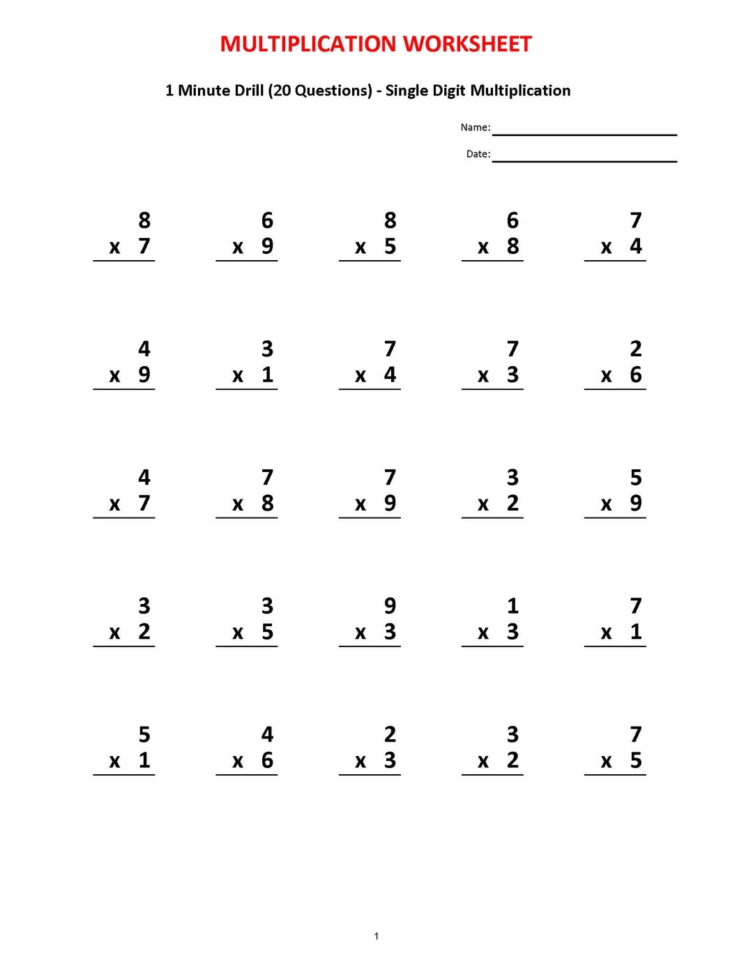Buy Multiplication 1 Minute Drill V 10 Math Worksheets With Answers Pdf Year 2 3 4 Grade 2 3 4 printable Worksheets Multiplication Test Online In India Etsy