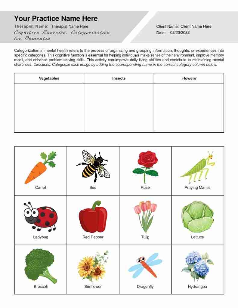 Categorization Exercise For Dementia Worksheet Editable Fillable Printable PDF TherapyPatron
