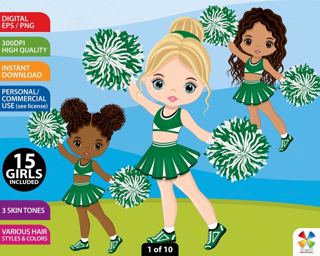 Cheerleader Clipart Vector Cheer Girls PNG Sport Girl Cute Doll Bundle Green Mix Race Caucasian Latino African American Clip Art Etsy