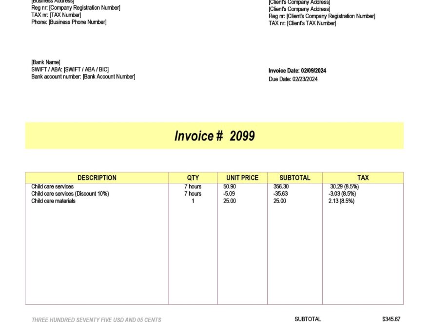 Child Care Invoice Template Excel Google Sheets