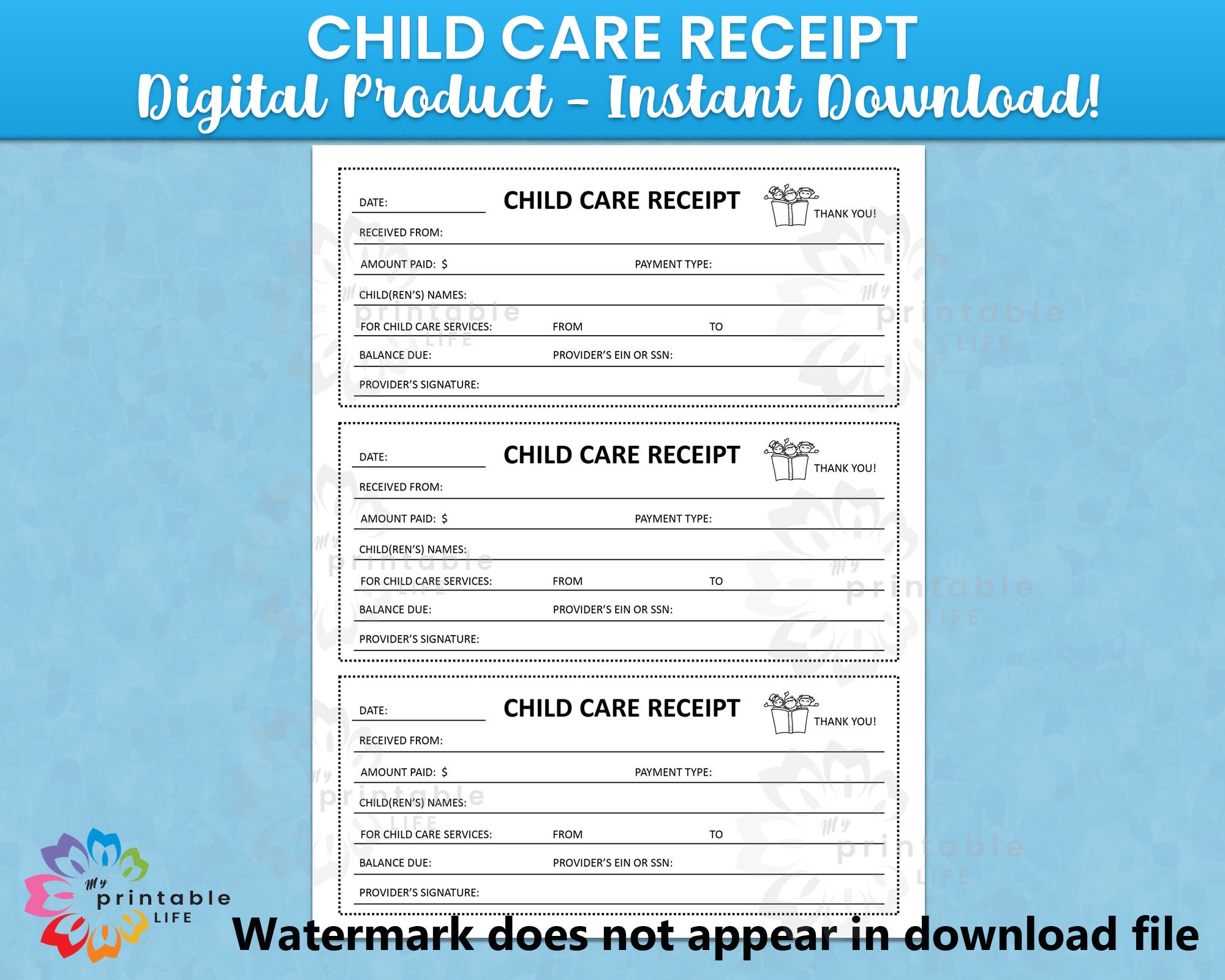 Child Care Receipt Form Daycare Printable Childcare Payments Instant Download Digital File Fillable And Print Then Write Etsy
