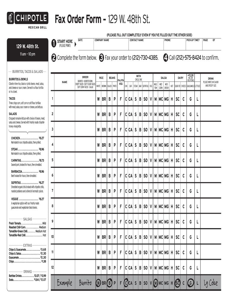 Chipotle Menu Printable Order Form