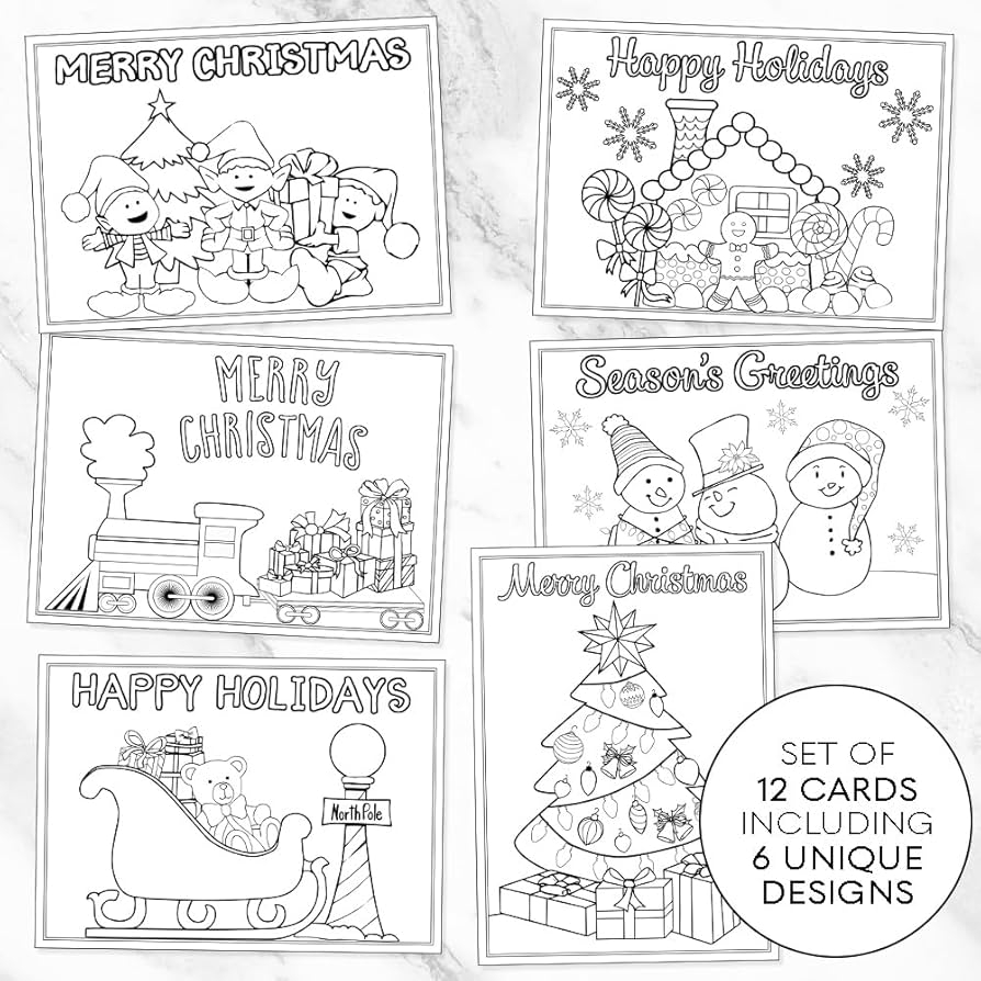 Christmas Coloring Greeting Cards Holiday Greetings Printed Assorted 12 Flat Cards With White Envelopes For Kids Adults DIY Crafts Grandchildren Amazon de Home Kitchen