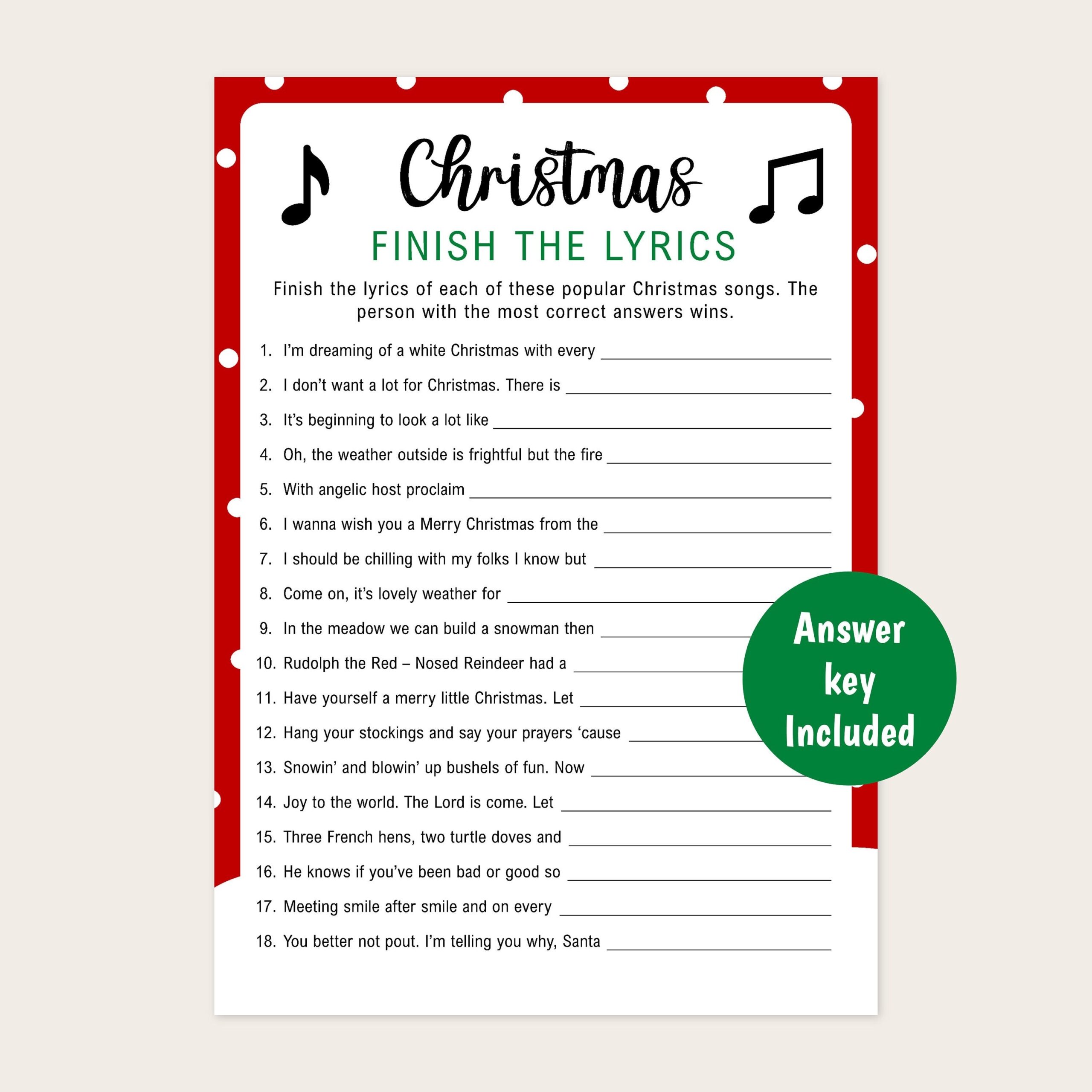 Christmas Finish The Lyrics Game Printable Christmas Game Finish The Christmas Song Christmas Song Trivia Christmas Party Game Etsy Denmark