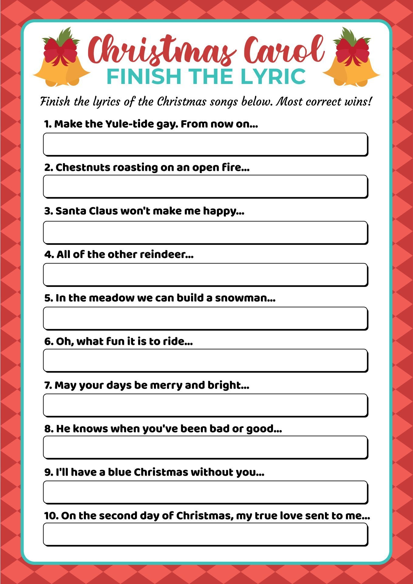 Finish The Christmas Song Lyrics Game Printable