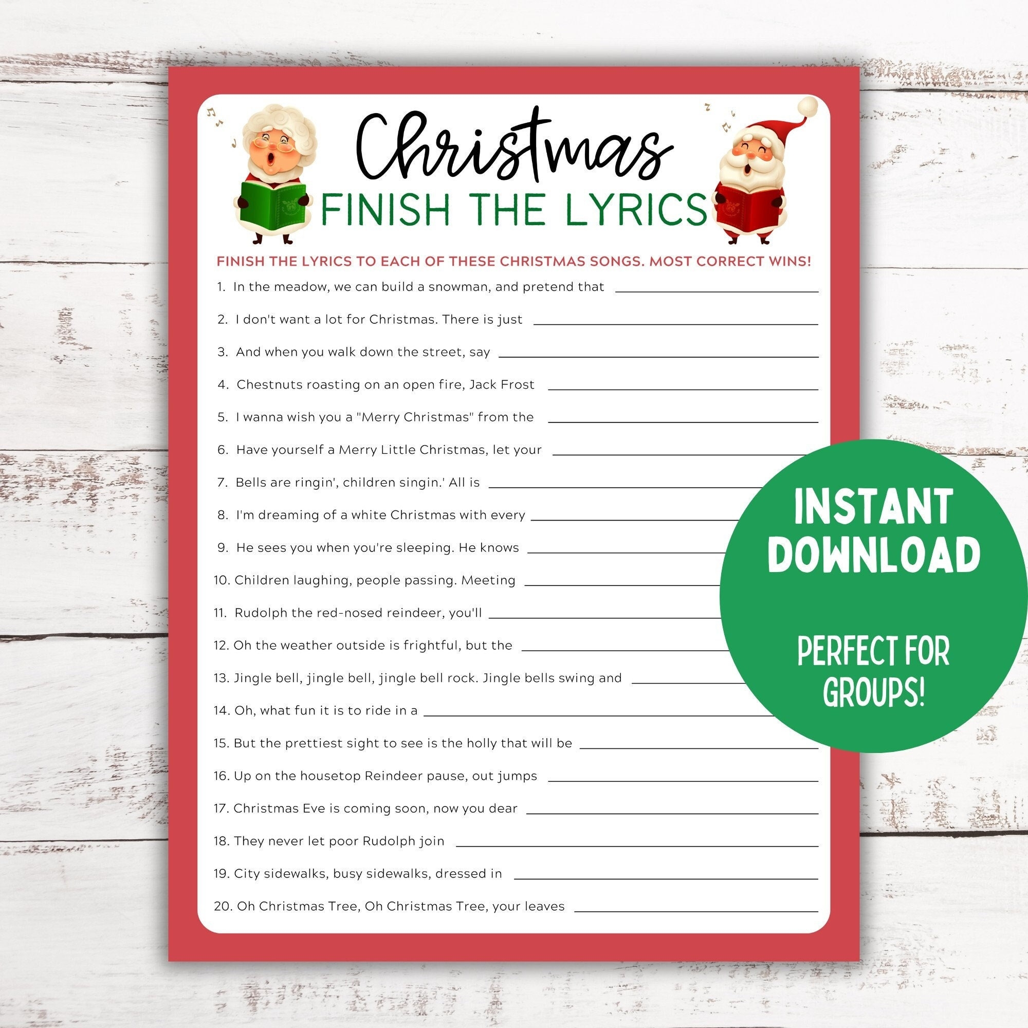 Christmas Song Trivia Game Finish The Lyrics Christmas Printable Game Christmas Family Activity Christmas Party Game Etsy