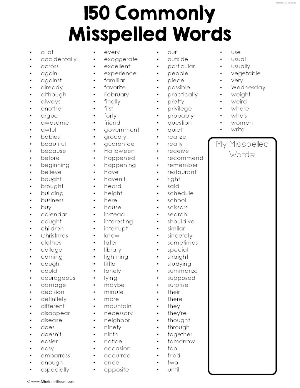 Common Misspellings Worksheet For 3rd 4th 5th Grade Printable Resource