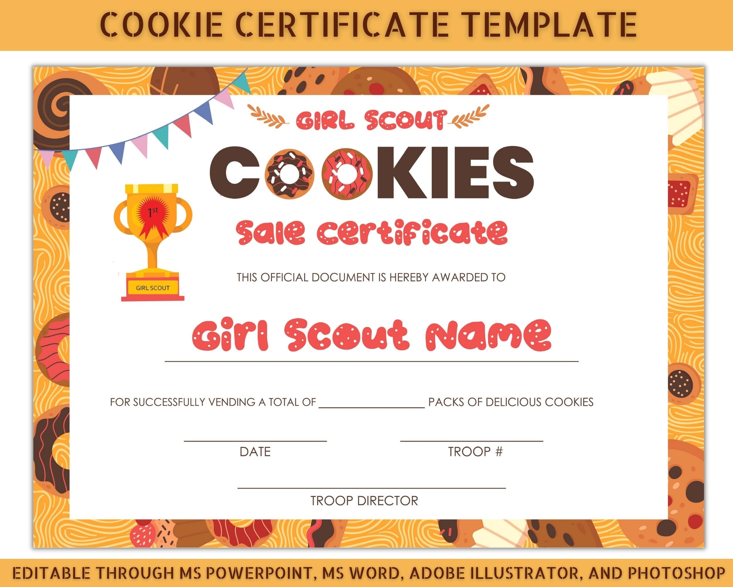 Cookie Sales Certificate Girl Scout Cookie Sales Certificate Cookies Award Certificate Etsy