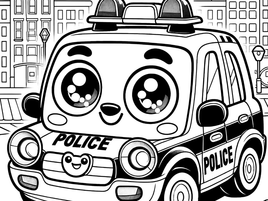 Cute Toy Police Car In Front Of Buildings Coloring Picture For Kids Free