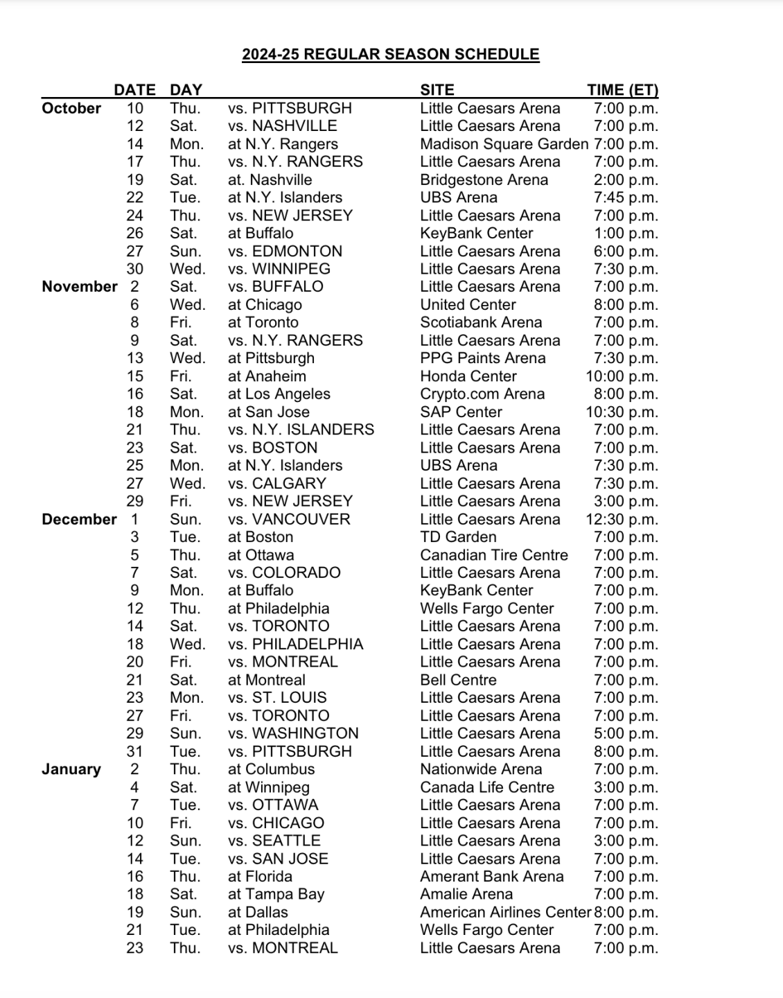 Detroit Red Wings Unveil 2024 25 Schedule Home Opener Set For Oct 10