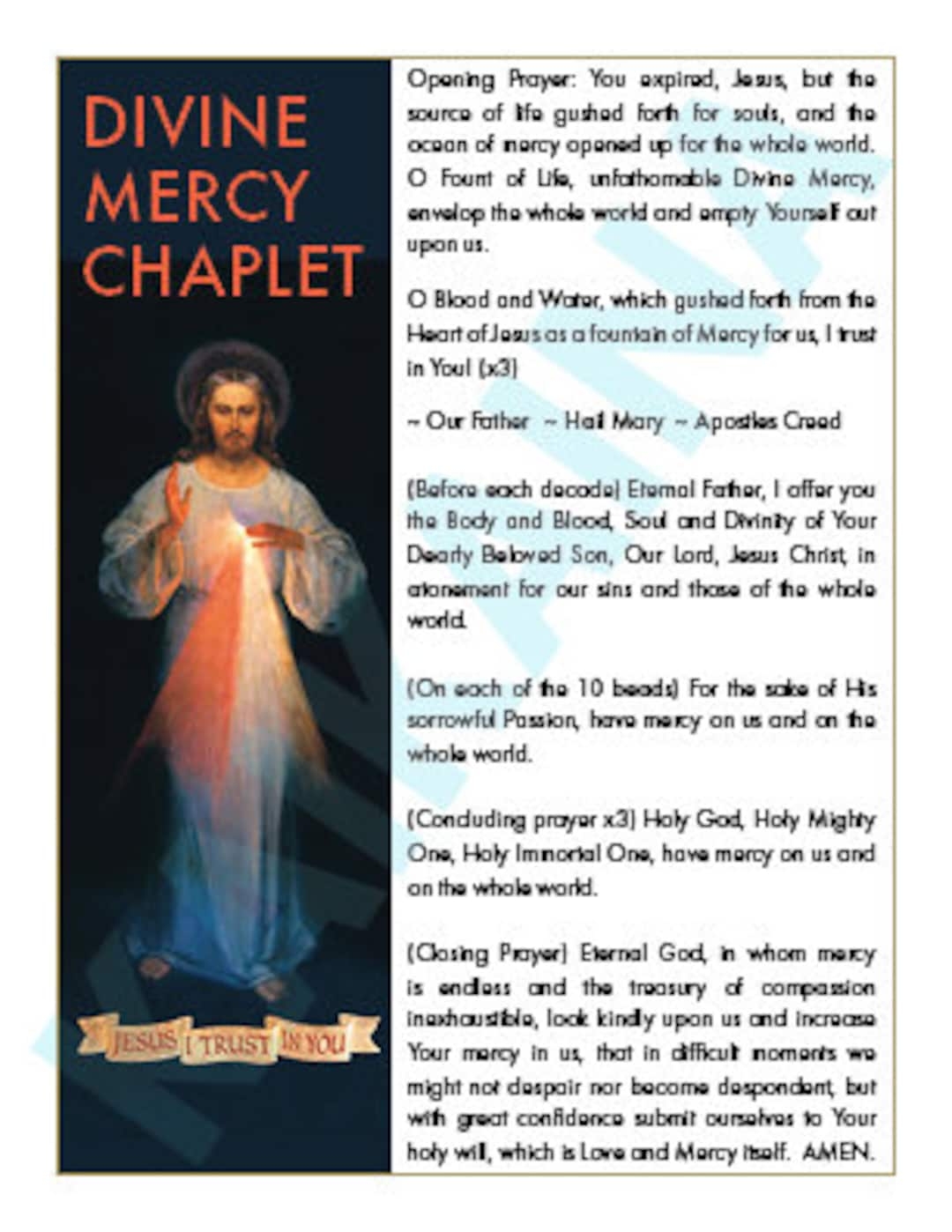 Divine Mercy Chaplet Prayer Card 4 On A Page Downloadable And Printable Catholic Saint Prayer Card Etsy UK