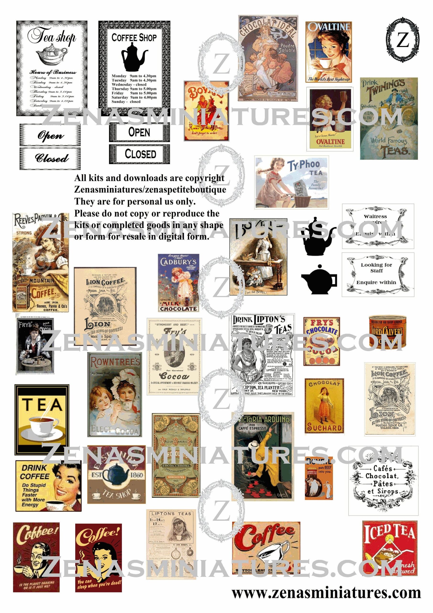 Dollhouse Tea Room coffee Shop Download Pdf printie KIT Miniature 1 12th Posters adverts Etsy