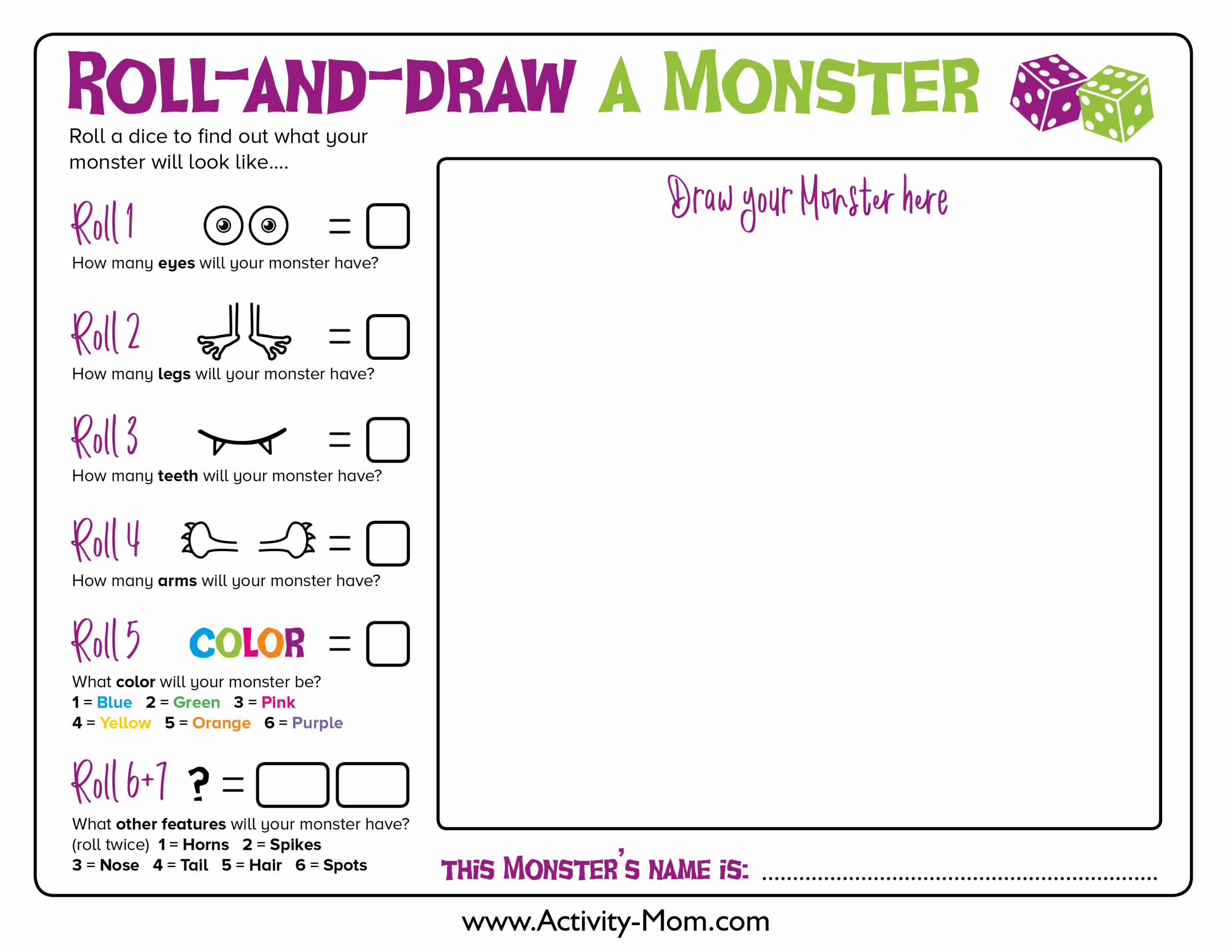 Draw A Monster Dice Game The Activity Mom
