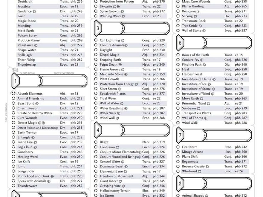 Druid Spell Sheet By John Bard Printable Dungeon Masters Guild DriveThruRPG
