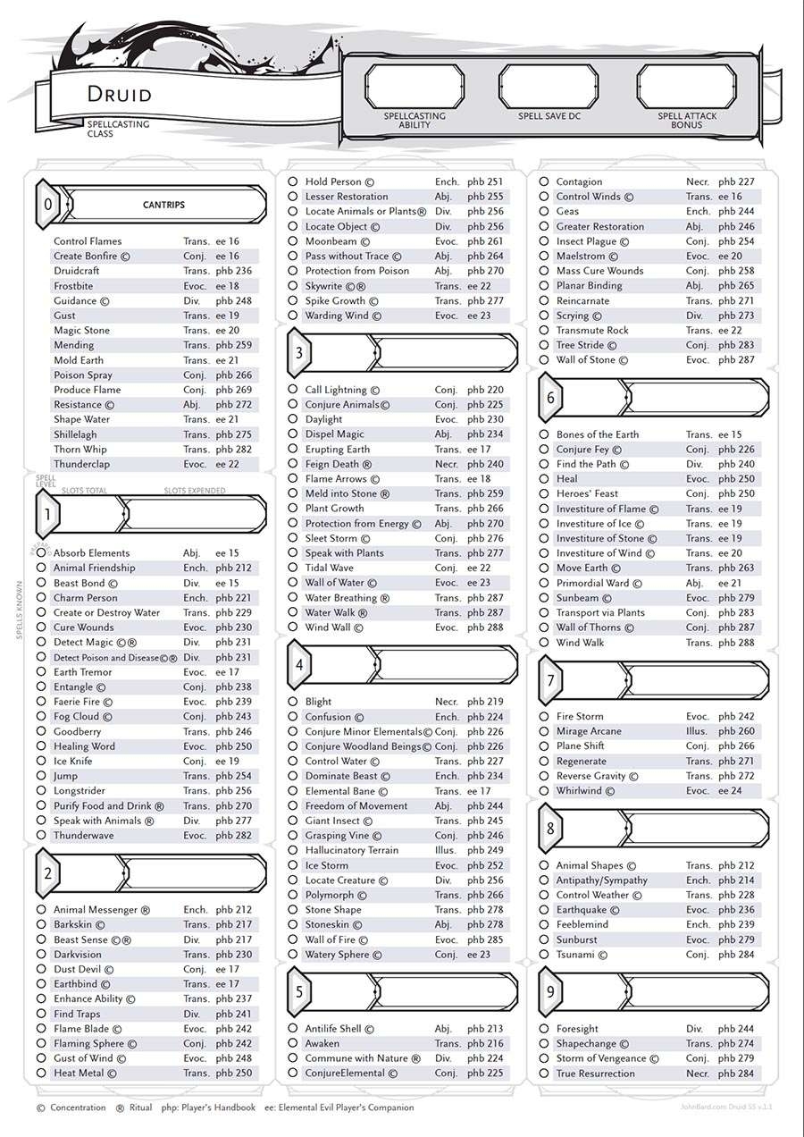 Druid Spell Sheet By John Bard Printable Dungeon Masters Guild DriveThruRPG
