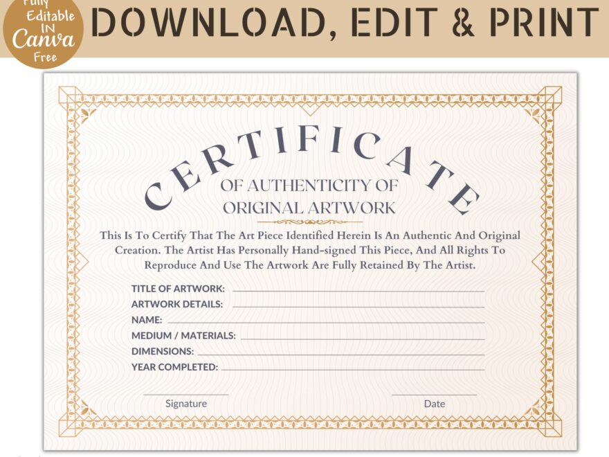 Editable Certificate Of Authenticity For Artwork Artwork Certificate Canva Template Instant Digital Download Etsy Canada
