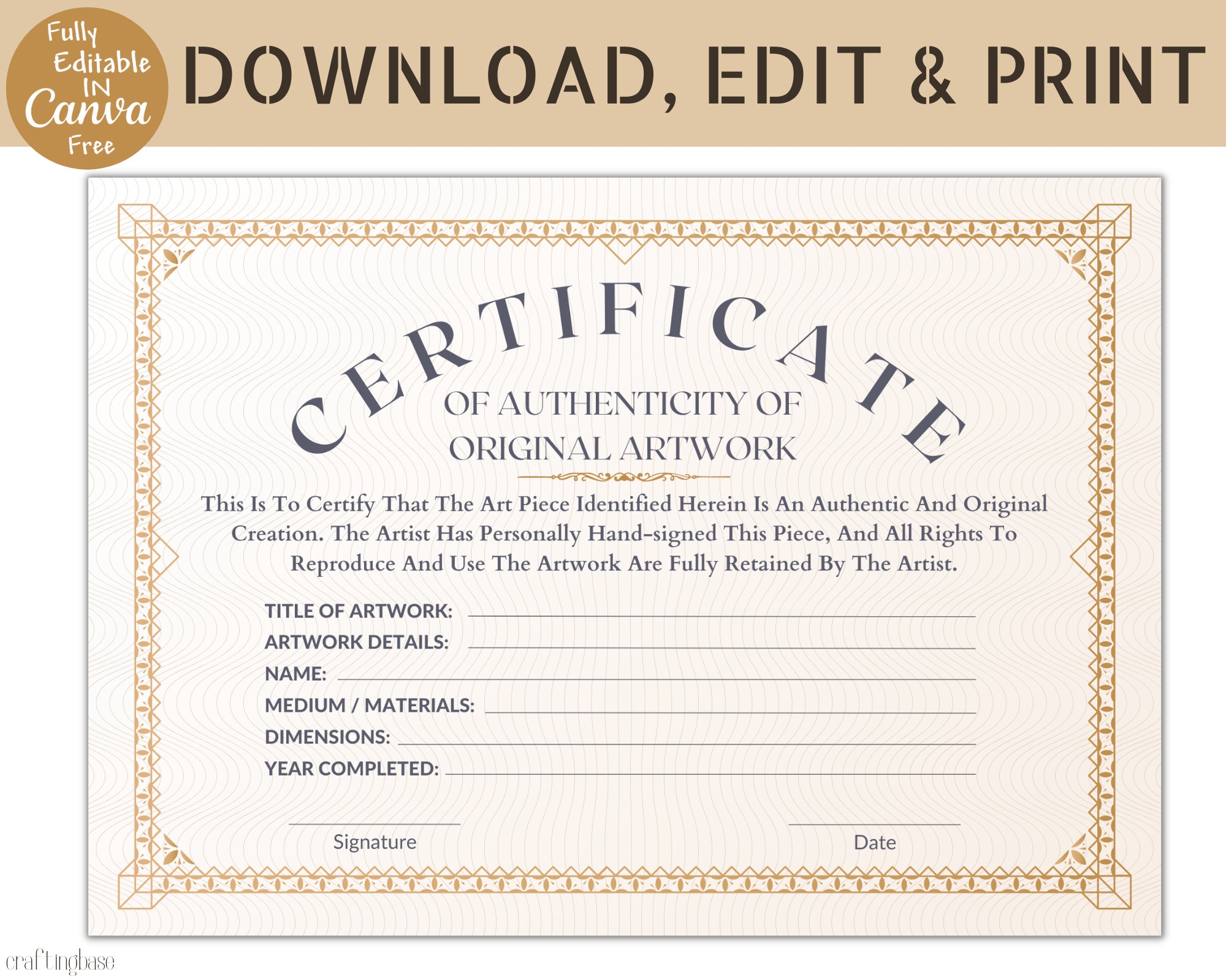 Editable Certificate Of Authenticity For Artwork Artwork Certificate Canva Template Instant Digital Download Etsy Canada