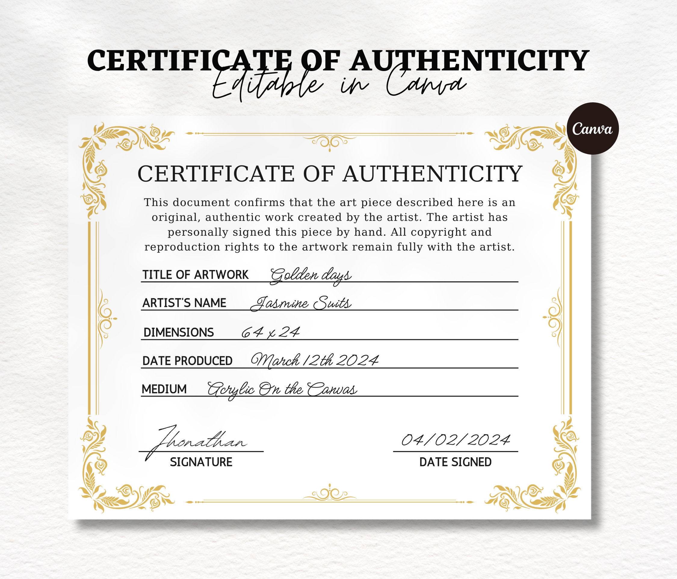 Editable Certificate Of Authenticity For Artwork Template Printable Certificate Of Authenticity Artist COA Canva Template Digital Download Etsy UK