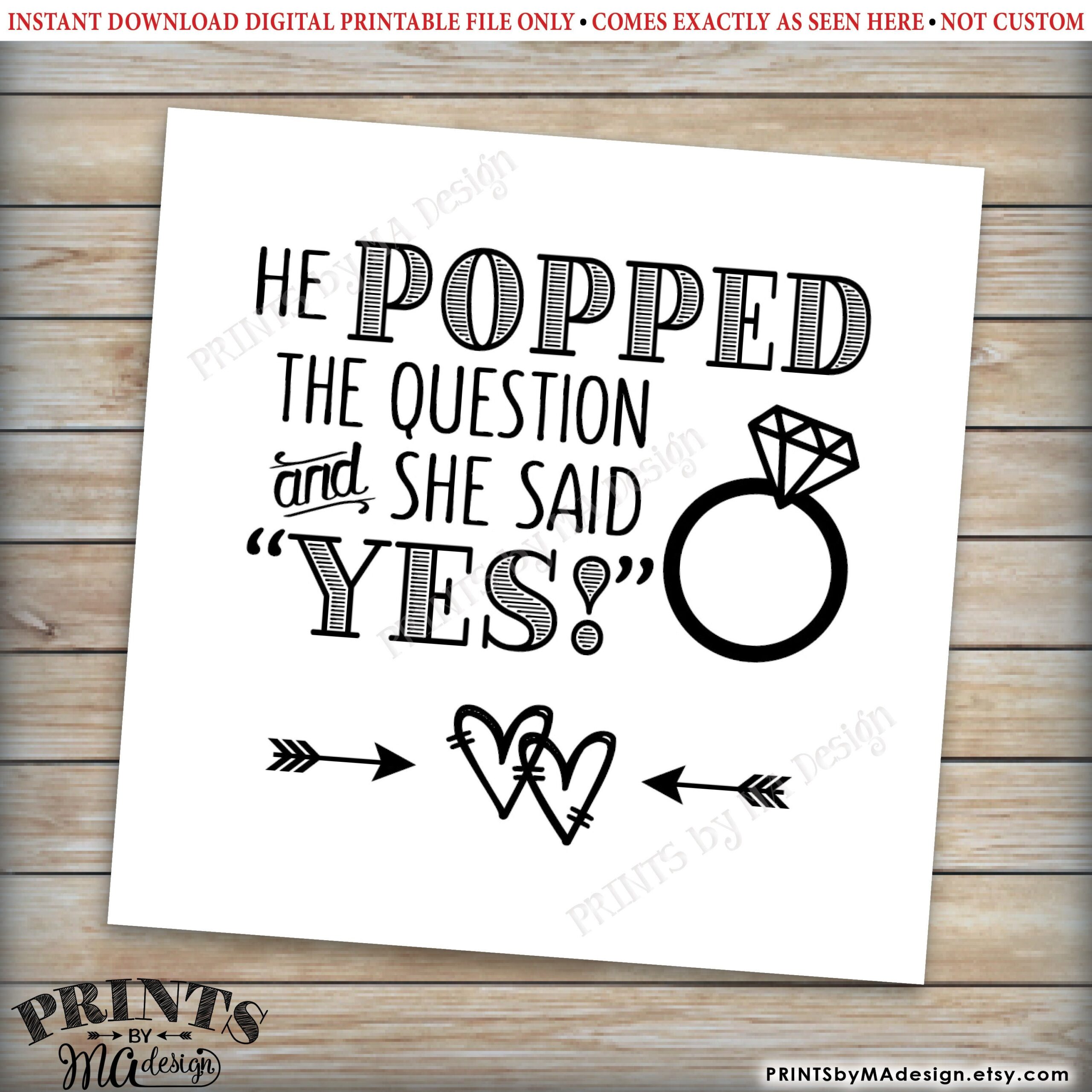 Engagement Party Tags He Popped The Question And She Said Yes 8 5x11 PRINTABLE Sheet Of 2 Square Tags