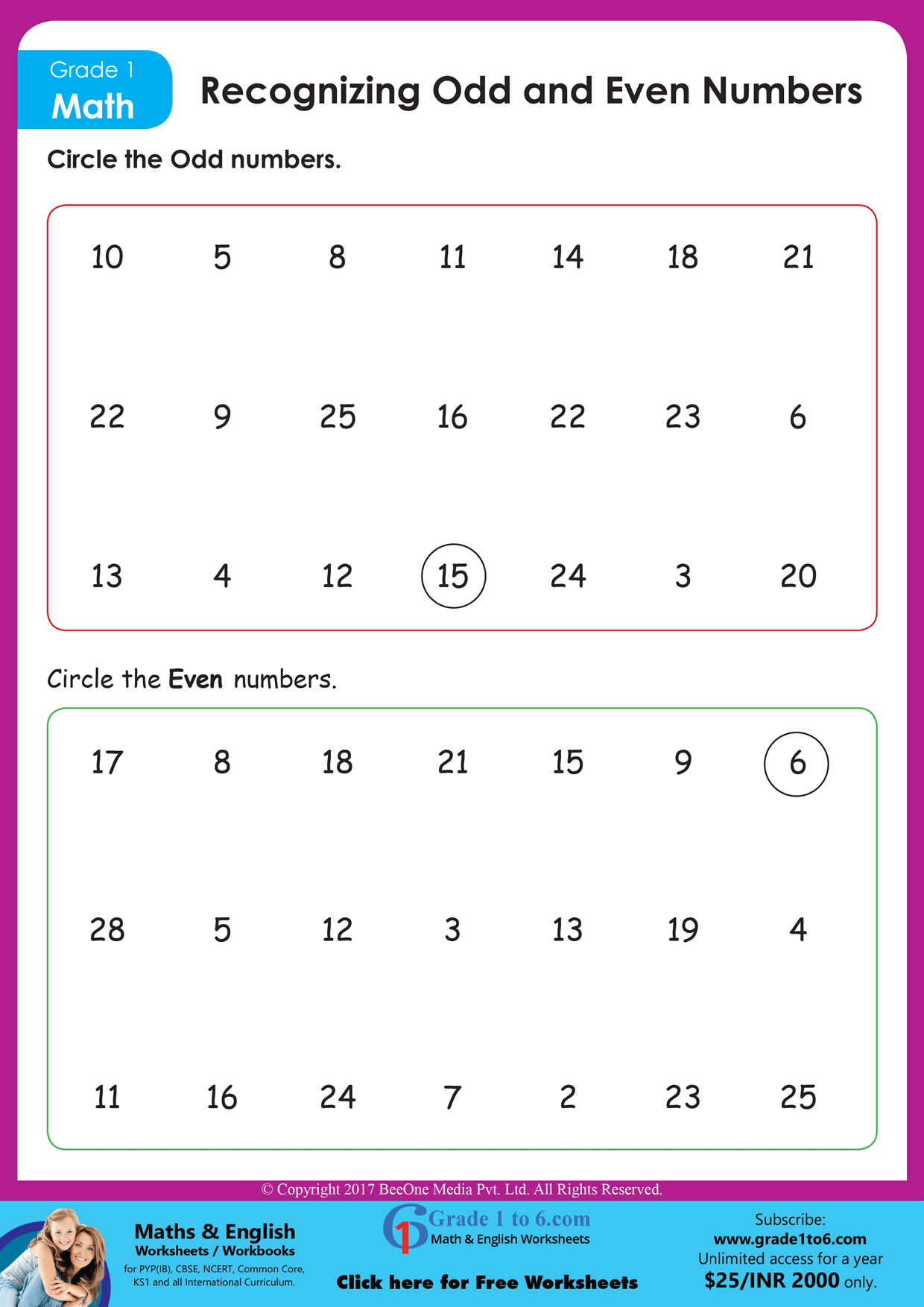 Even And Odd Numbers Worksheets For Grade 1