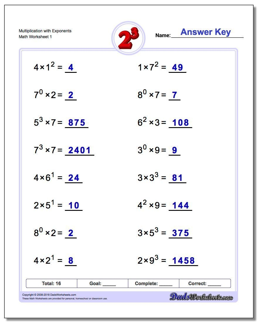 Multiplying Exponents Worksheet Printable For 8Th Grade